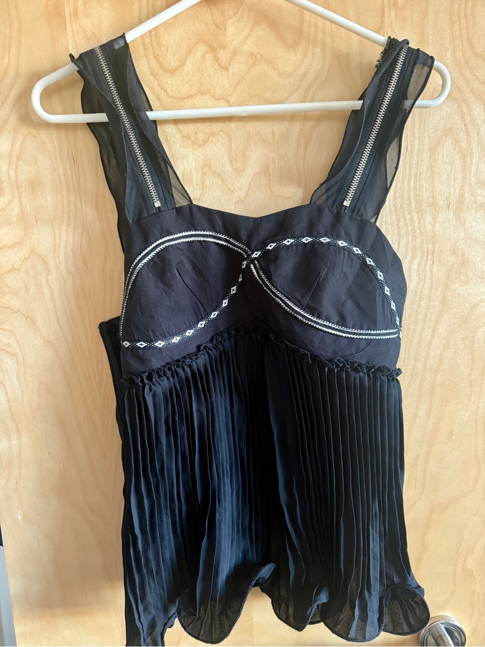Euro Vintage Whimsygoth Black Pleated Bustier Tank with Embroidered Trim